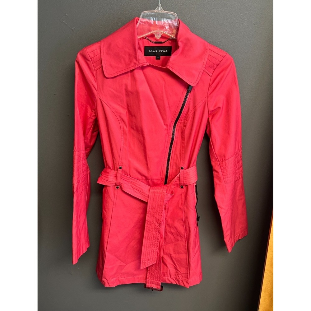 Black Rivet Womens S Pink Double Breasted Trench Assymetrical Zip Belted Coat‎